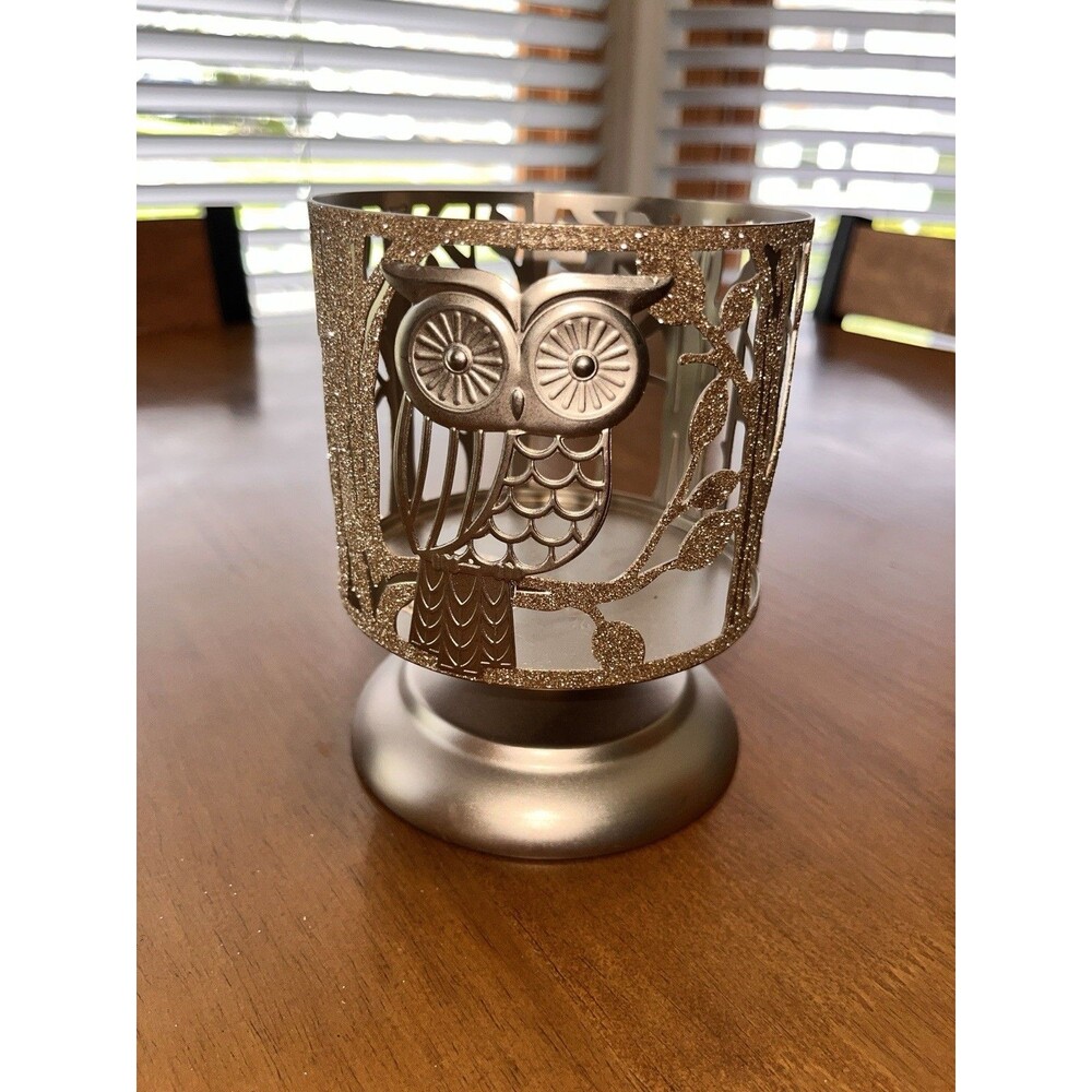Bath and Body Works Candle Holder Owl Glitter 3-Wick Pedestal 5.5x4.25" Silver